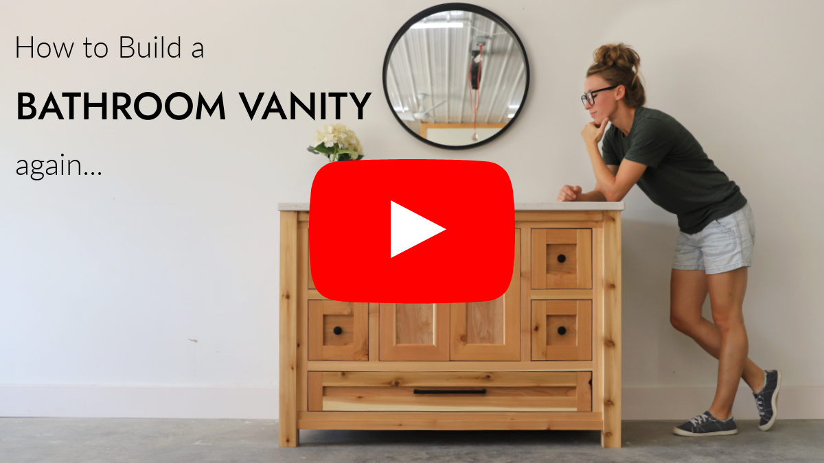 Faux youtube thumbnail image linked to youtube video for vanity cabinet build video