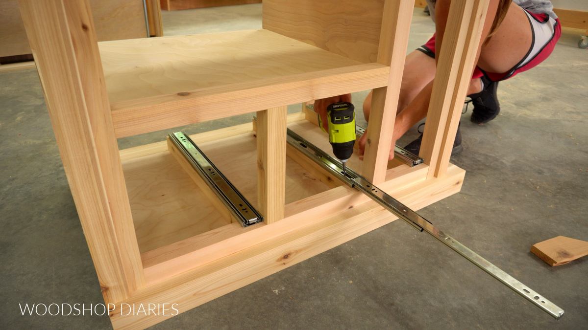 Shara Woodshop Diaries installing drawer slides to vanity cabinet