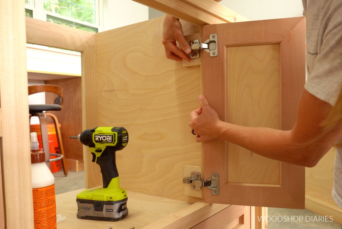 Shara Woodshop Diaries installing cabinet door hinges to spacer blocks in vanity