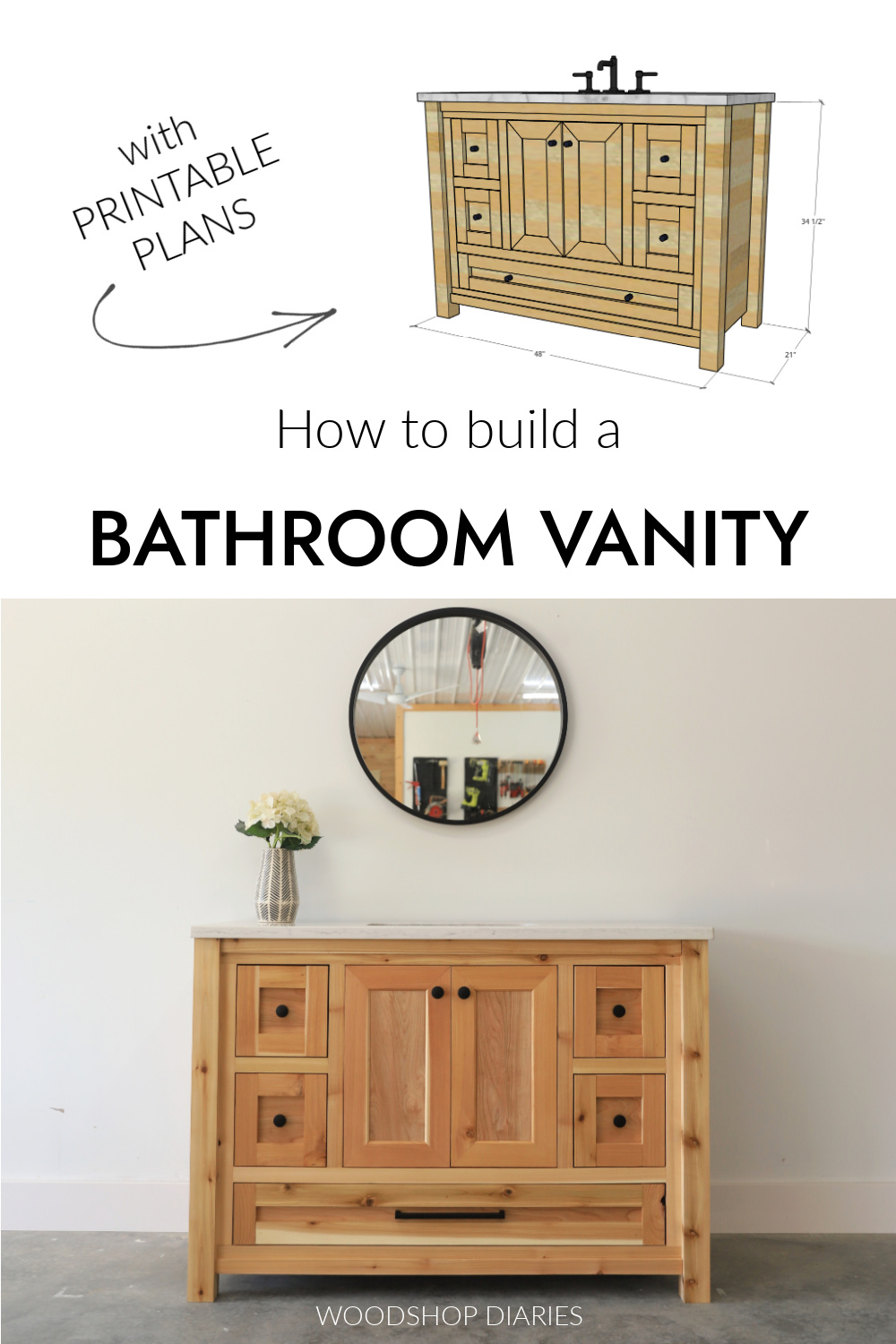 Pinterest collage image showing dimensional diagram of vanity at top and completed vanity cabinet at bottom with text "how to build a bathroom vanity"