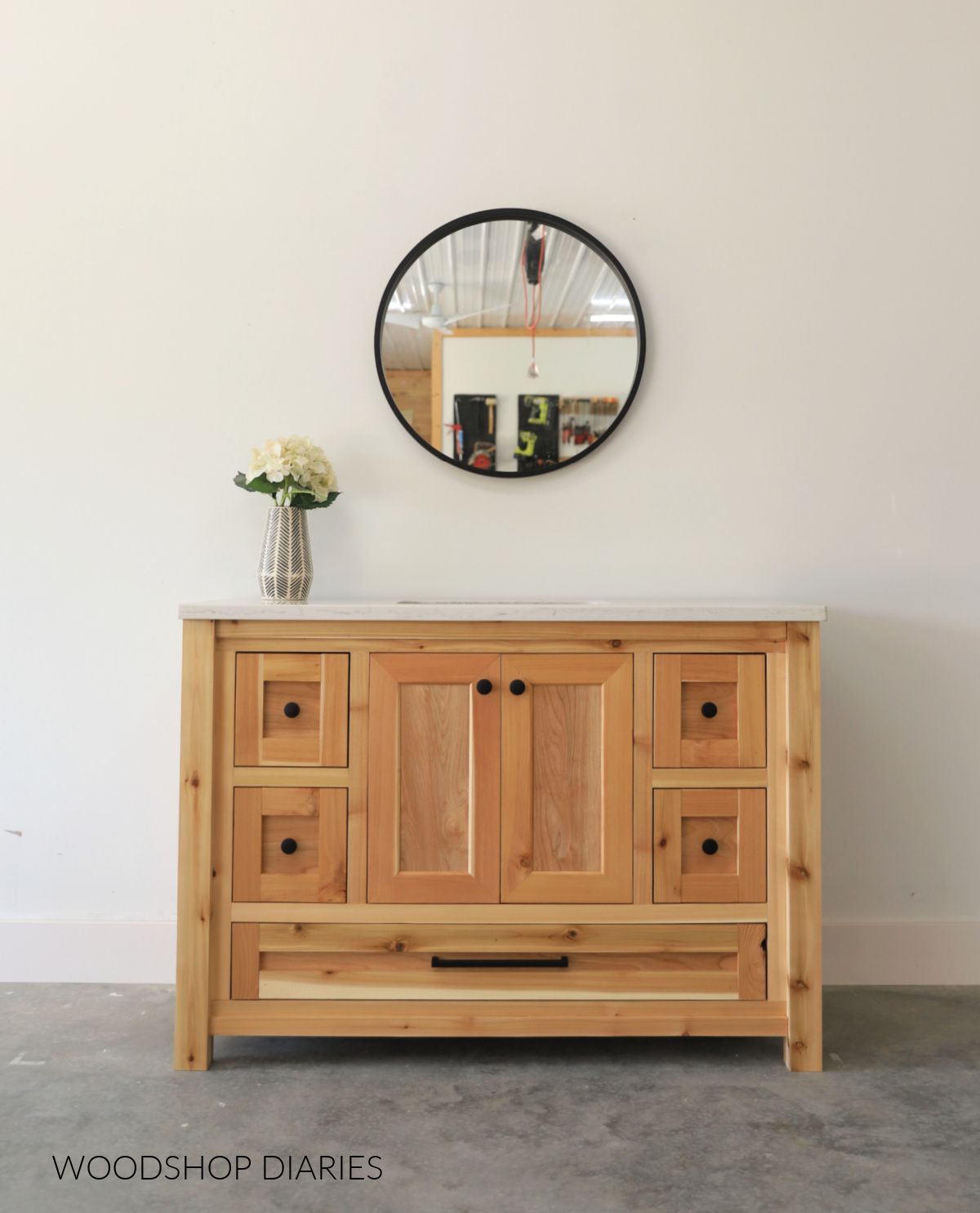 DIY Single sink bathroom vanity with cabinet and drawer storage made from cedar and birch plywood