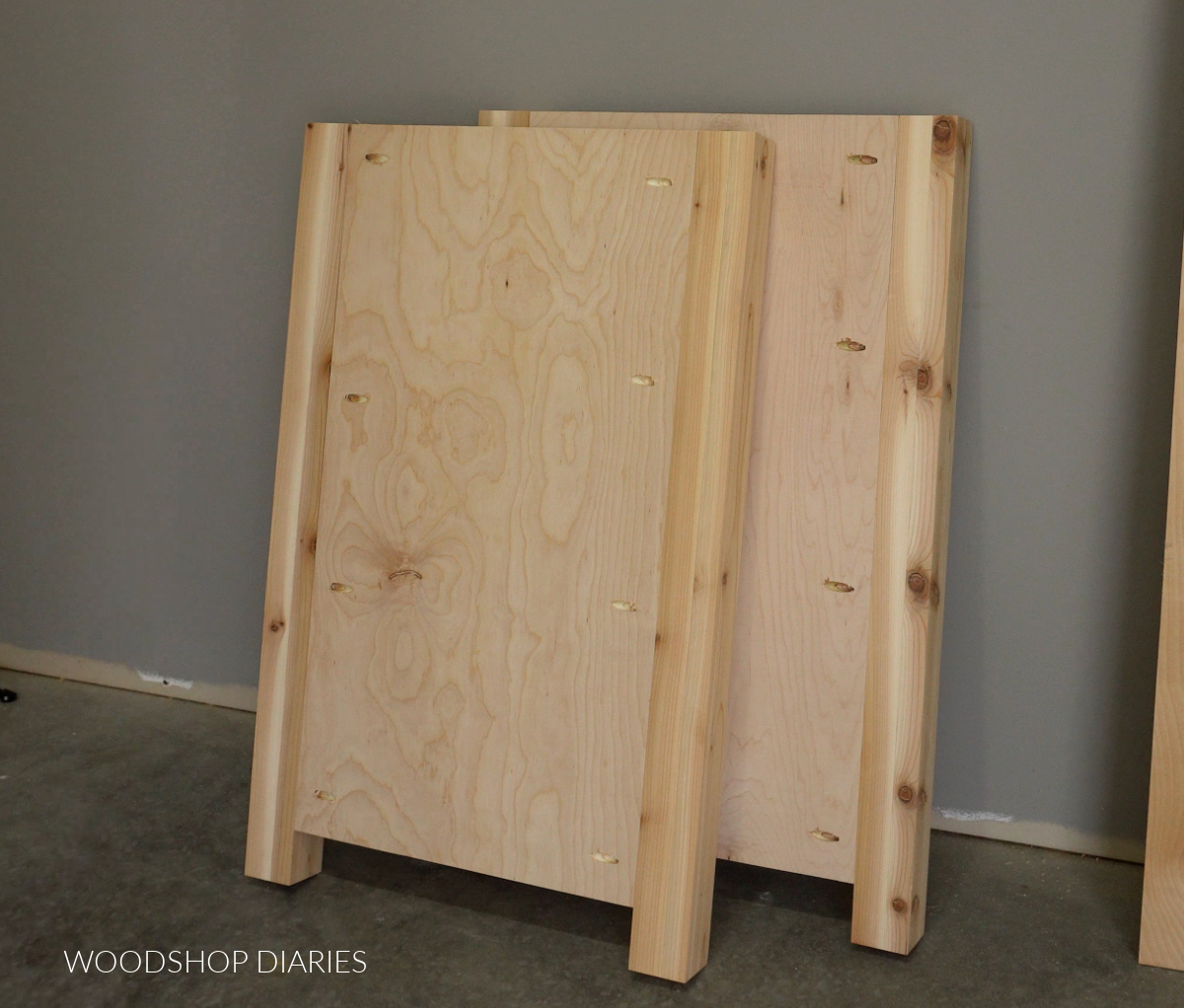 Vanity cabinet side panels with plywood and cedar posts attached with pocket holes
