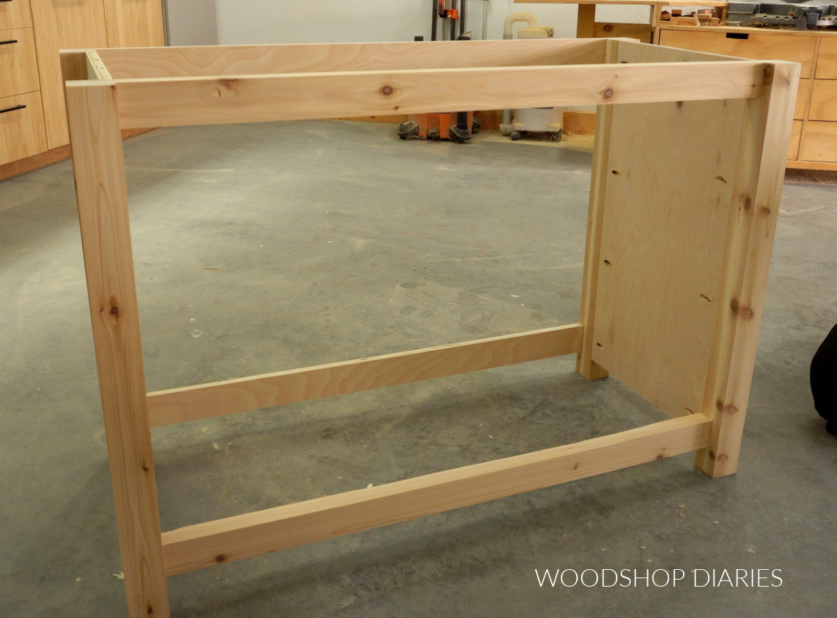 Single sink DIY bathroom vanity frame assembled in workshop