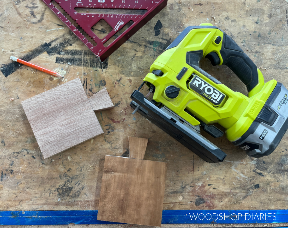 jig saw on workbench with coasters cut to final shape