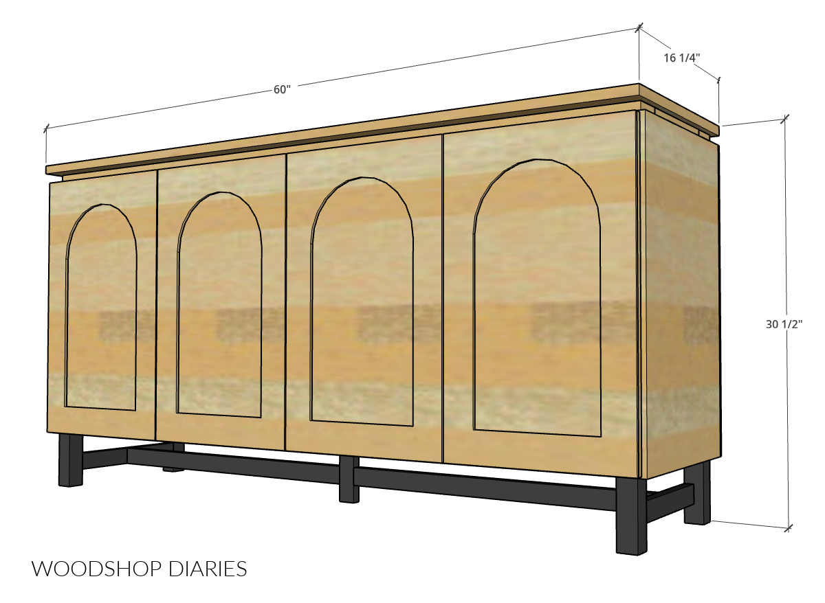 Dimensional diagram showing overall dimensions of modern console cabinet with arched trim doors