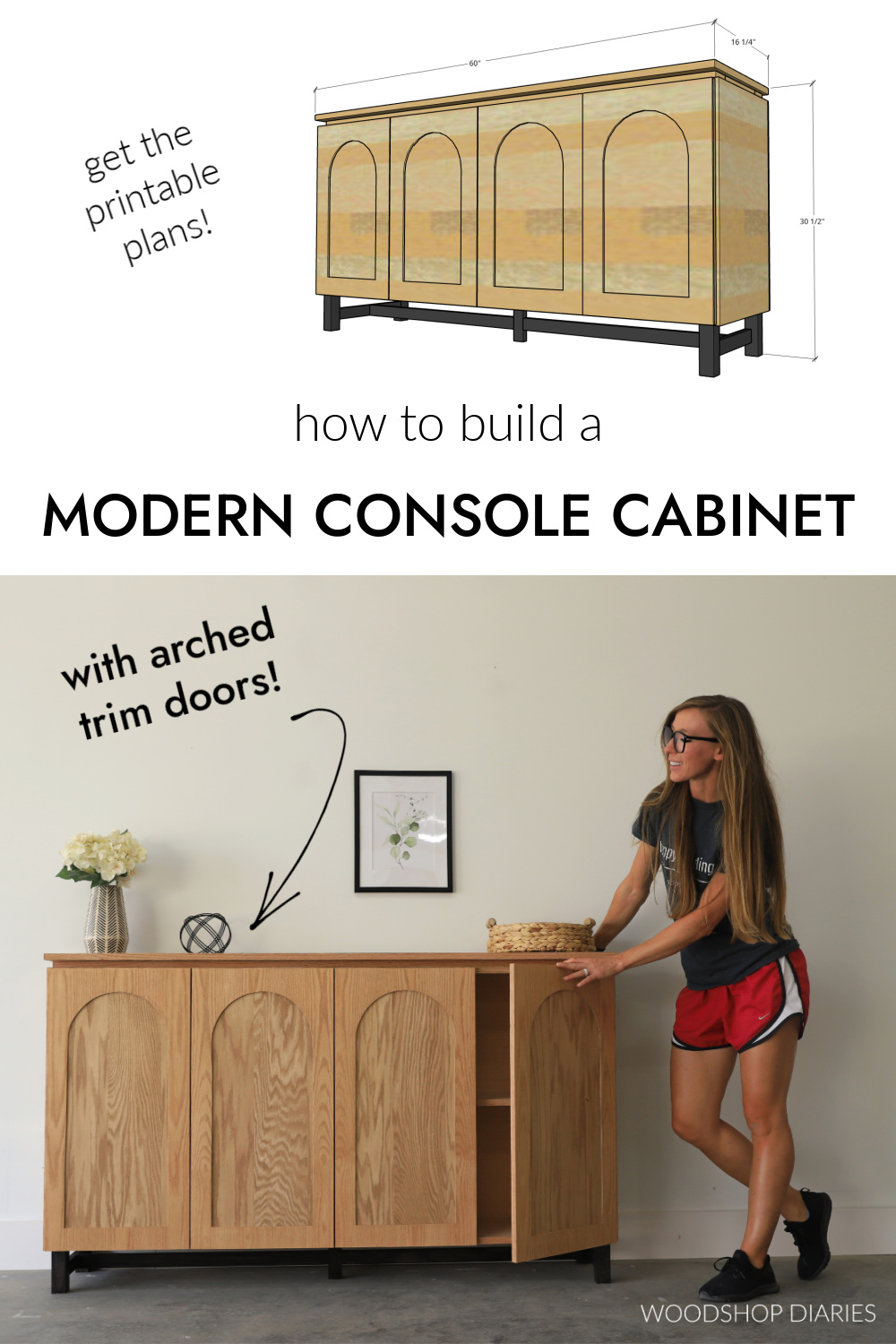 Pinterest collage image showing dimensional diagram at top and completed sideboard DIY console cabinet at bottom 