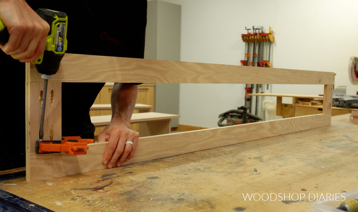 Shara Woodshop Diaries assembling spacer frame from plywood strips for top of console