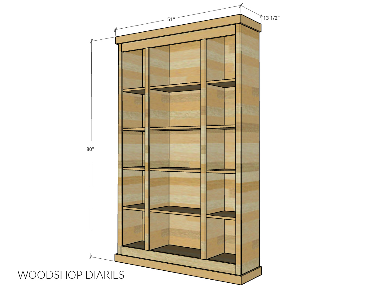 Overall dimensional diagram showing bookcase final dimensions once assembled