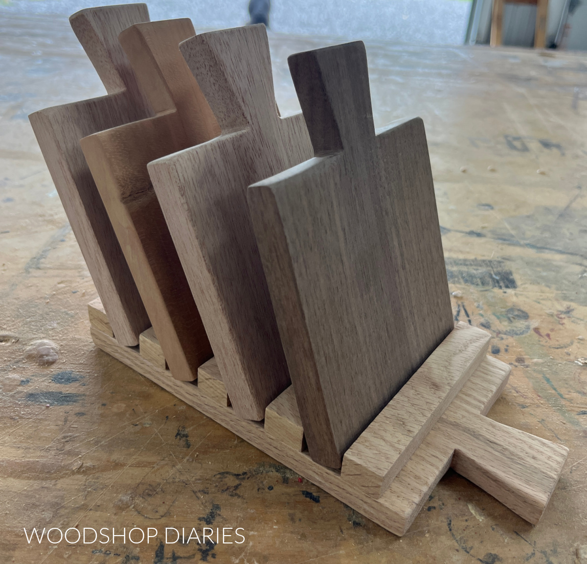 Completed unfinished DIY wooden drink coaster set looks like miniature cutting boards