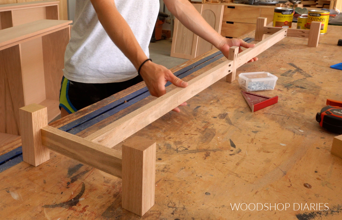 Console cabinet base assembled on workbench