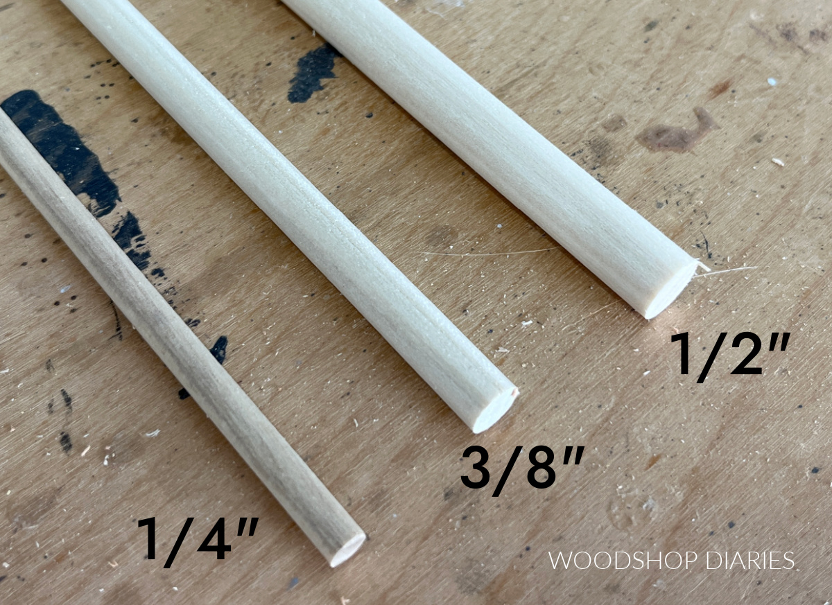 ¼", ⅜" and ½" dowel rod laying side by side on workbench