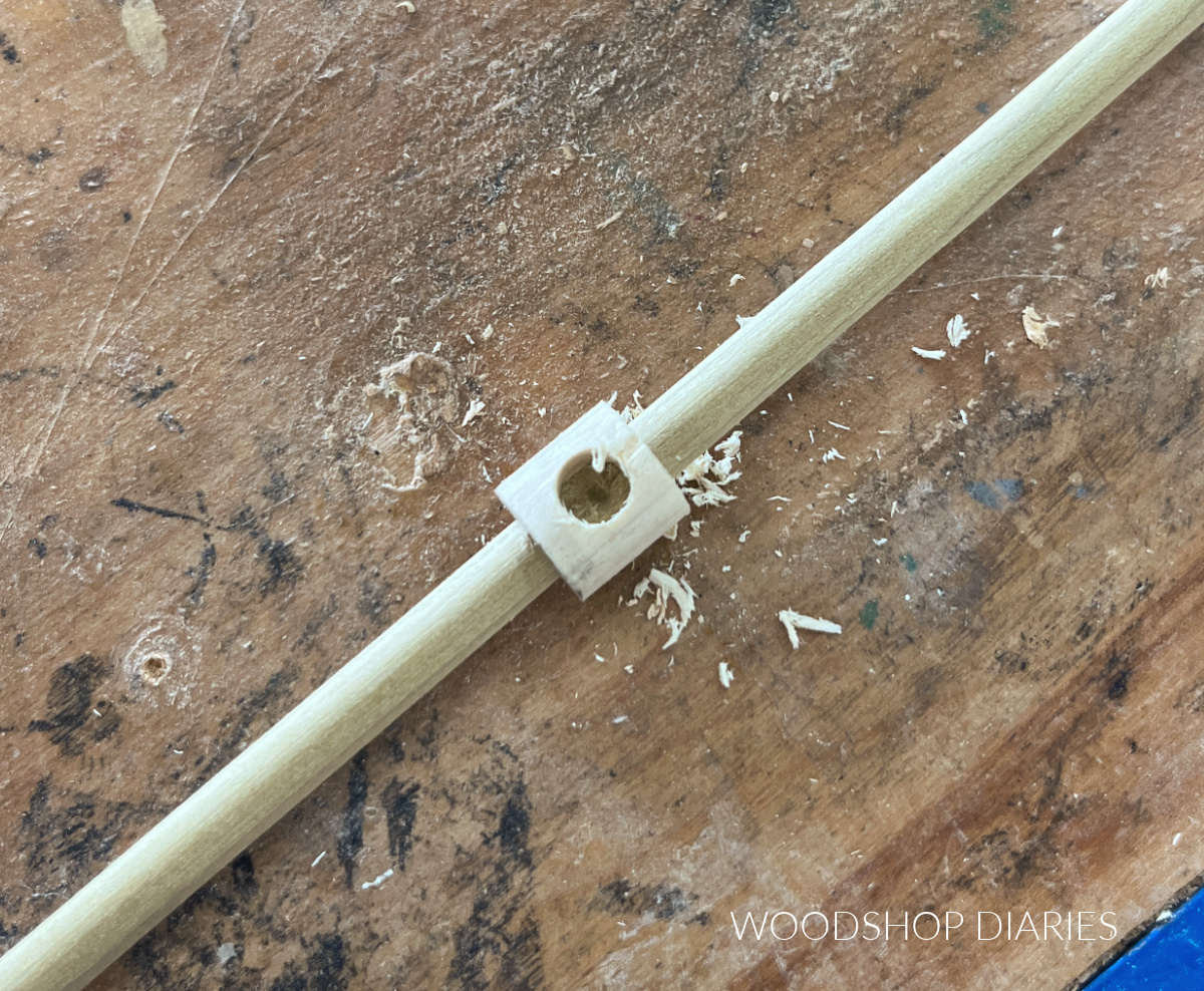 ¼" hole drilled into ½" dowel support on gallery railing