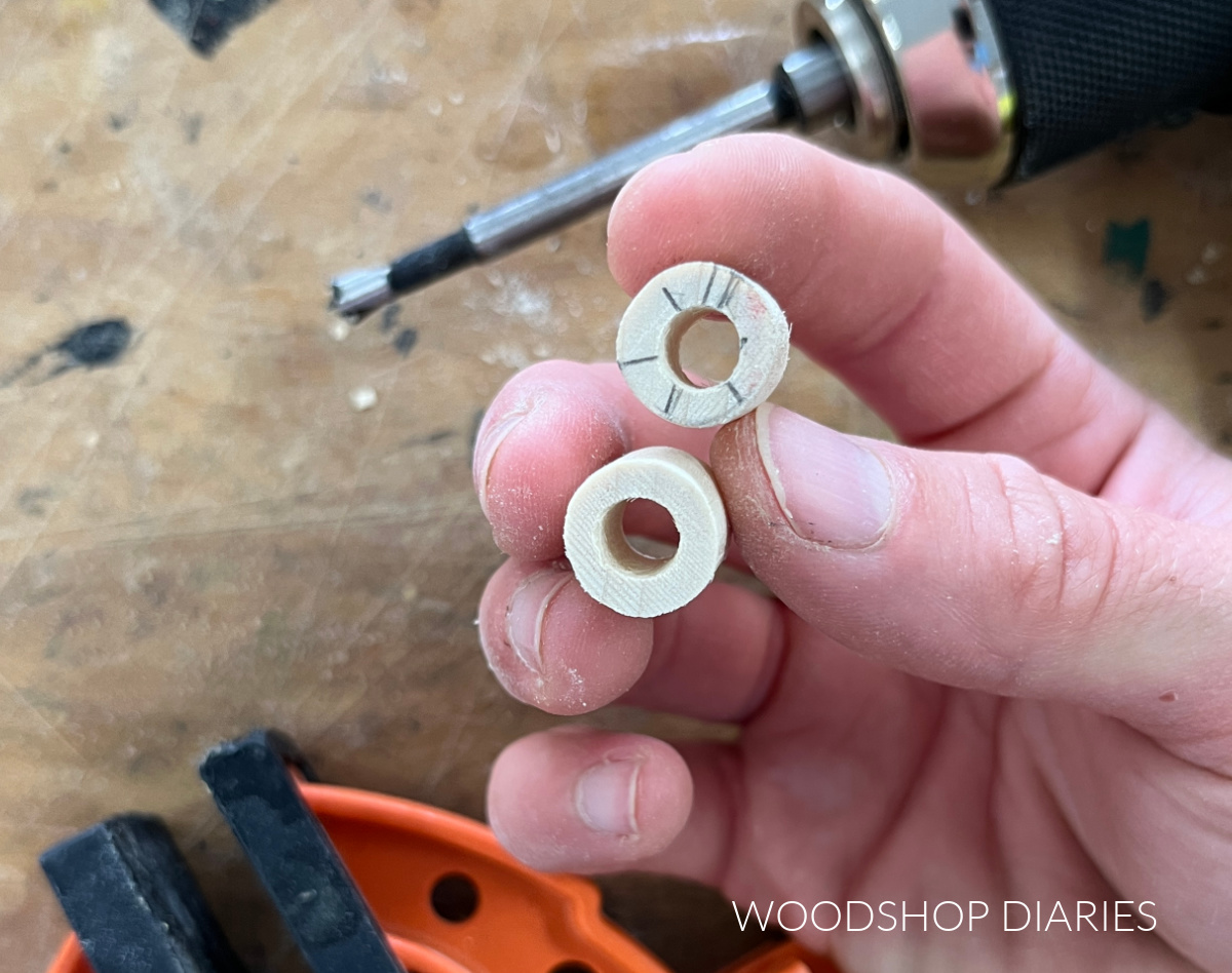 through holes drilled in ½" dowels for gallery railing