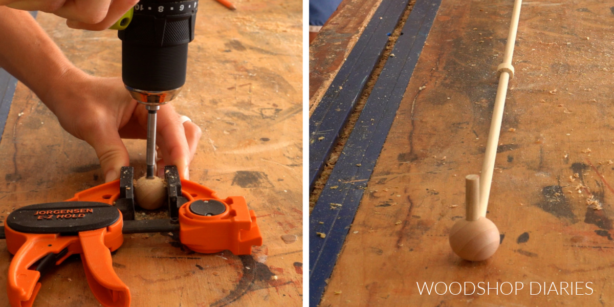 collage image showing drilling hole in wood dowel on left and pegs placed in wood dowel on right