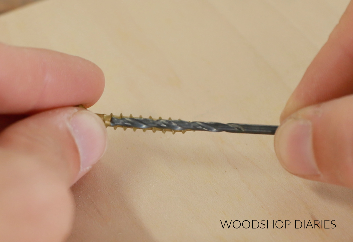 Close up of drill bit against screw to choose right size for pilot hole