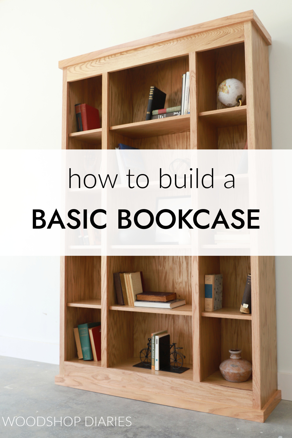 Completed DIY bookcase with text overlay "how to build a basic bookcase"