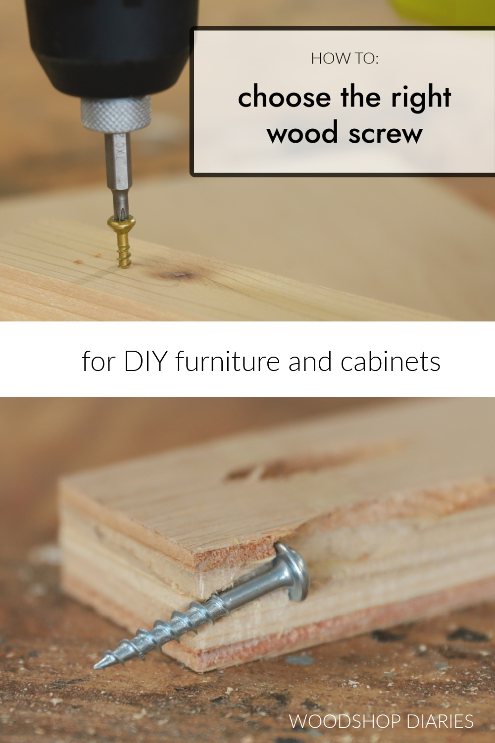 Pinterest collage image showing close up of driving screw at top and close up of pocket hole screw at bottom with text "how to choose the right wood screw for DIy furniture and cabinets"