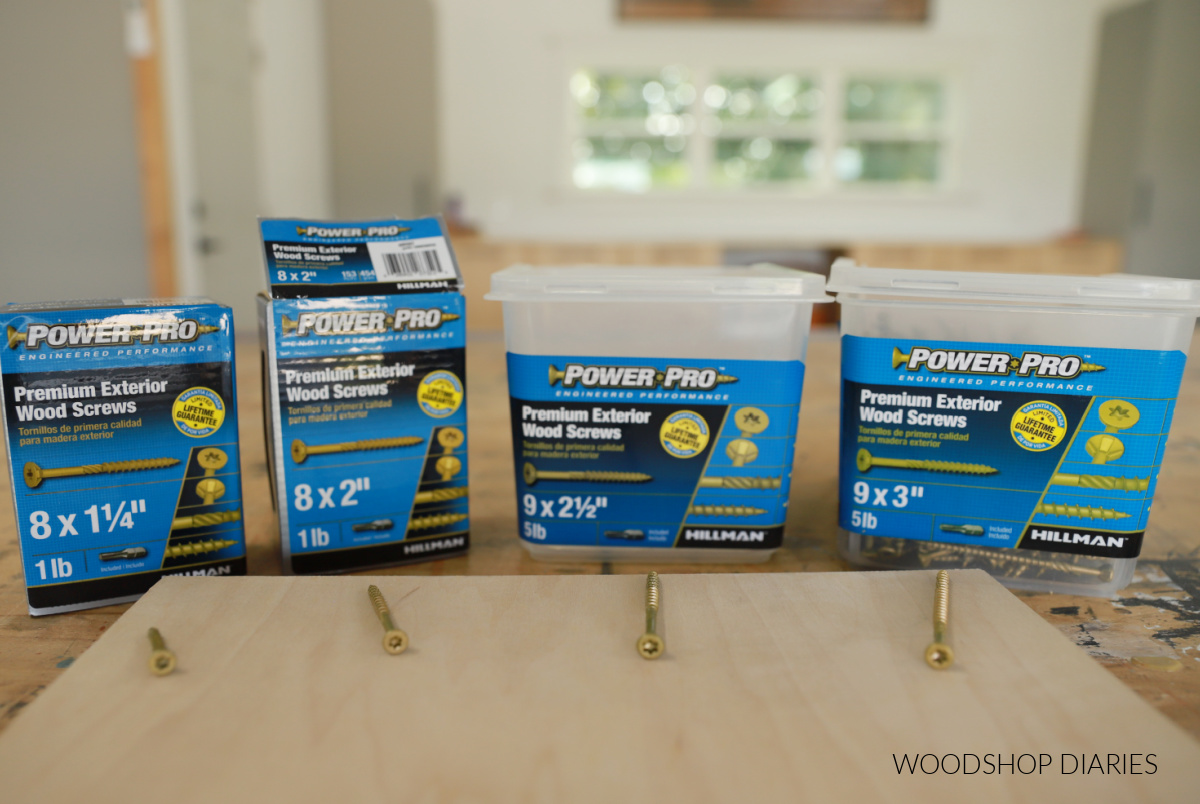 power pro exterior wood screw boxes set up on workbench showing four different sizes