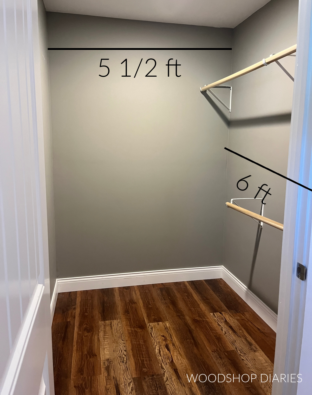 Walk in closet before  DIY modular closet cabinets showing wall dimensions