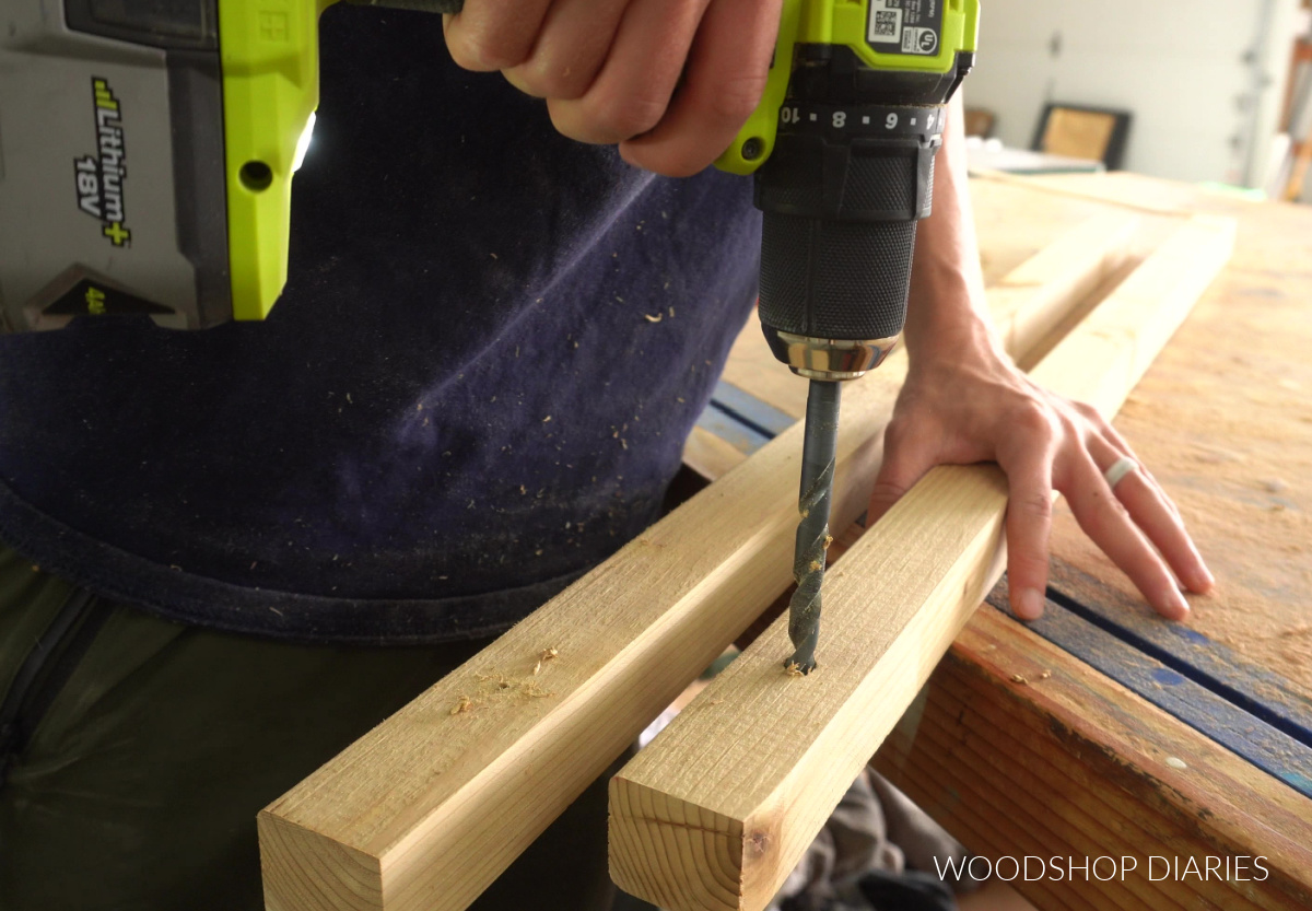 Shara Woodshop Diaries drilling ⅜" diameter holes in 2x2 boards