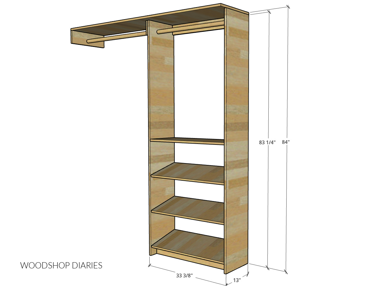 Hanging rod and shelf closet cabinet diagram with dimensions