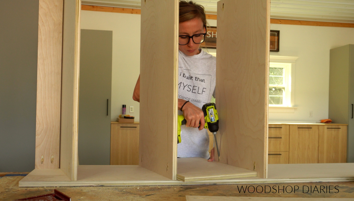 Shara Woodshop Diaries installing sloped shoe shelves in closet cabinet with pocket holes and screws