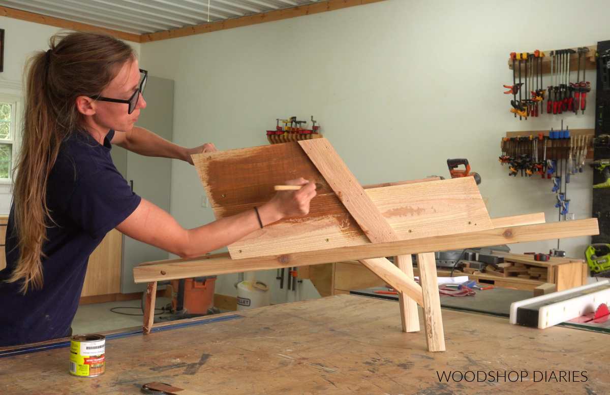 Applying wood stain to wooden wheelbarrow body on workbench