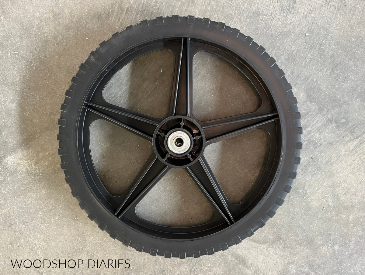 replacement lawnmower wheel used for DIY wheelbarrow