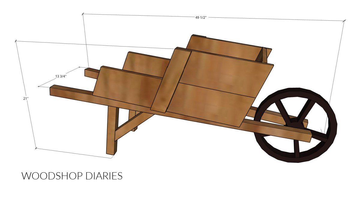 Overall dimensions of decorative wooden wheelbarrow diagram