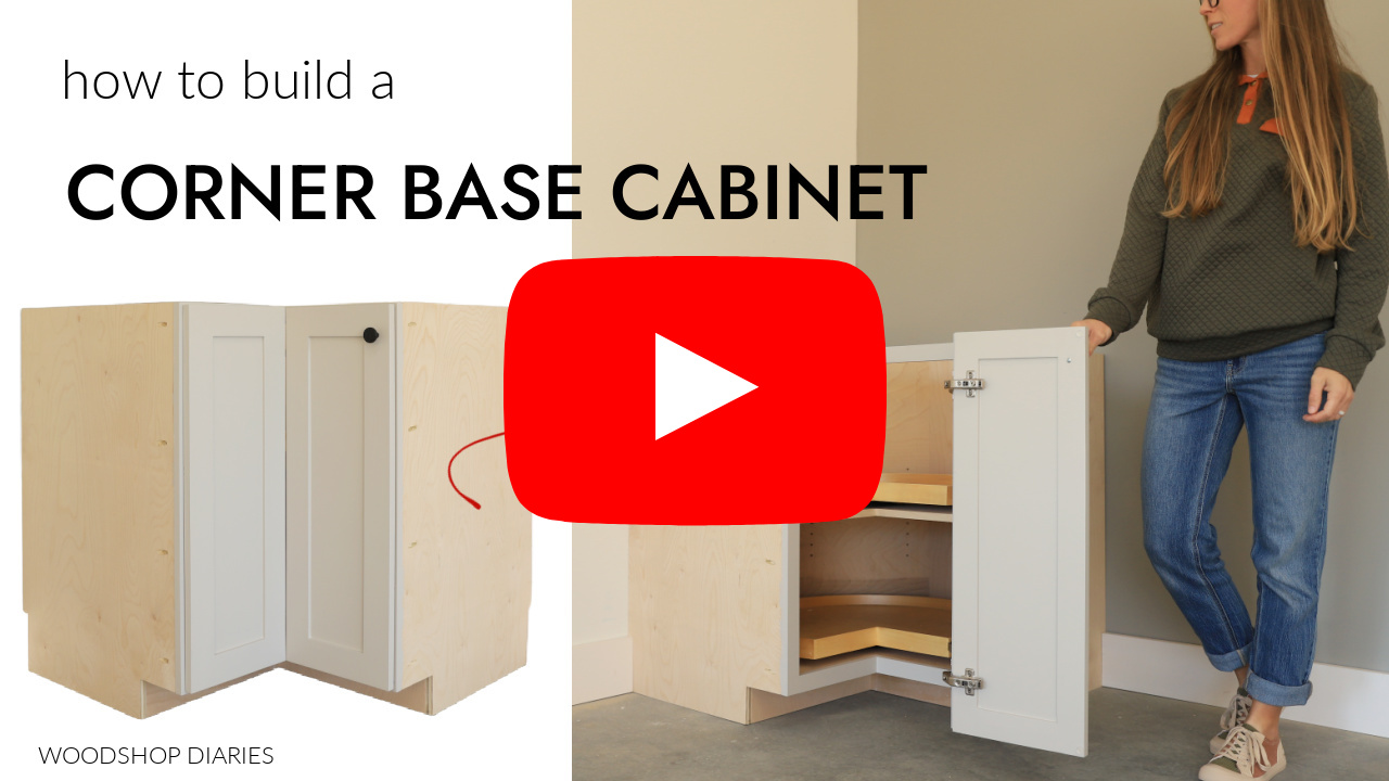 YouTube thumbnail for how to build a corner base cabinet video