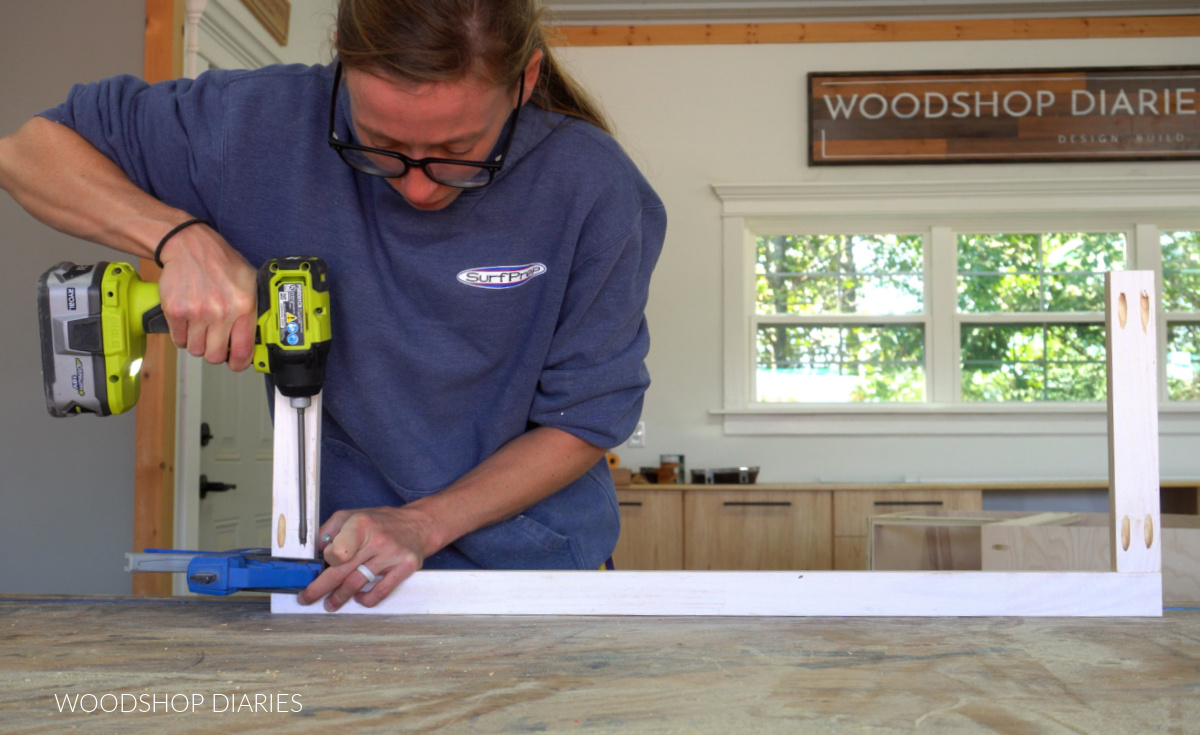 Shara Woodshop Diaries assembling face frame for corner cabinet with pocket holes and screws