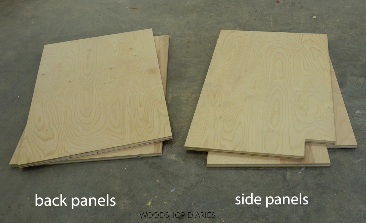 plywood back and side panels for corner cabinet cut and laid on workshop floor