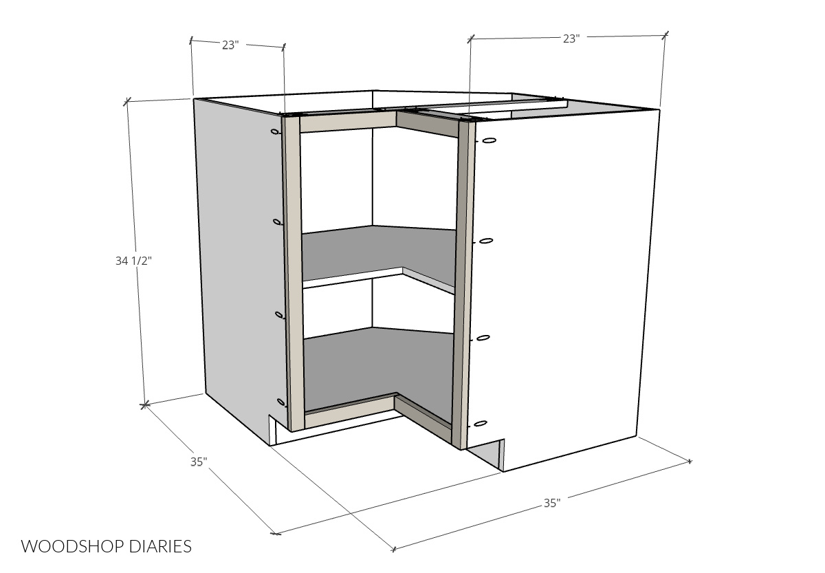 Dimensional diagram of DIY corner base cabinet