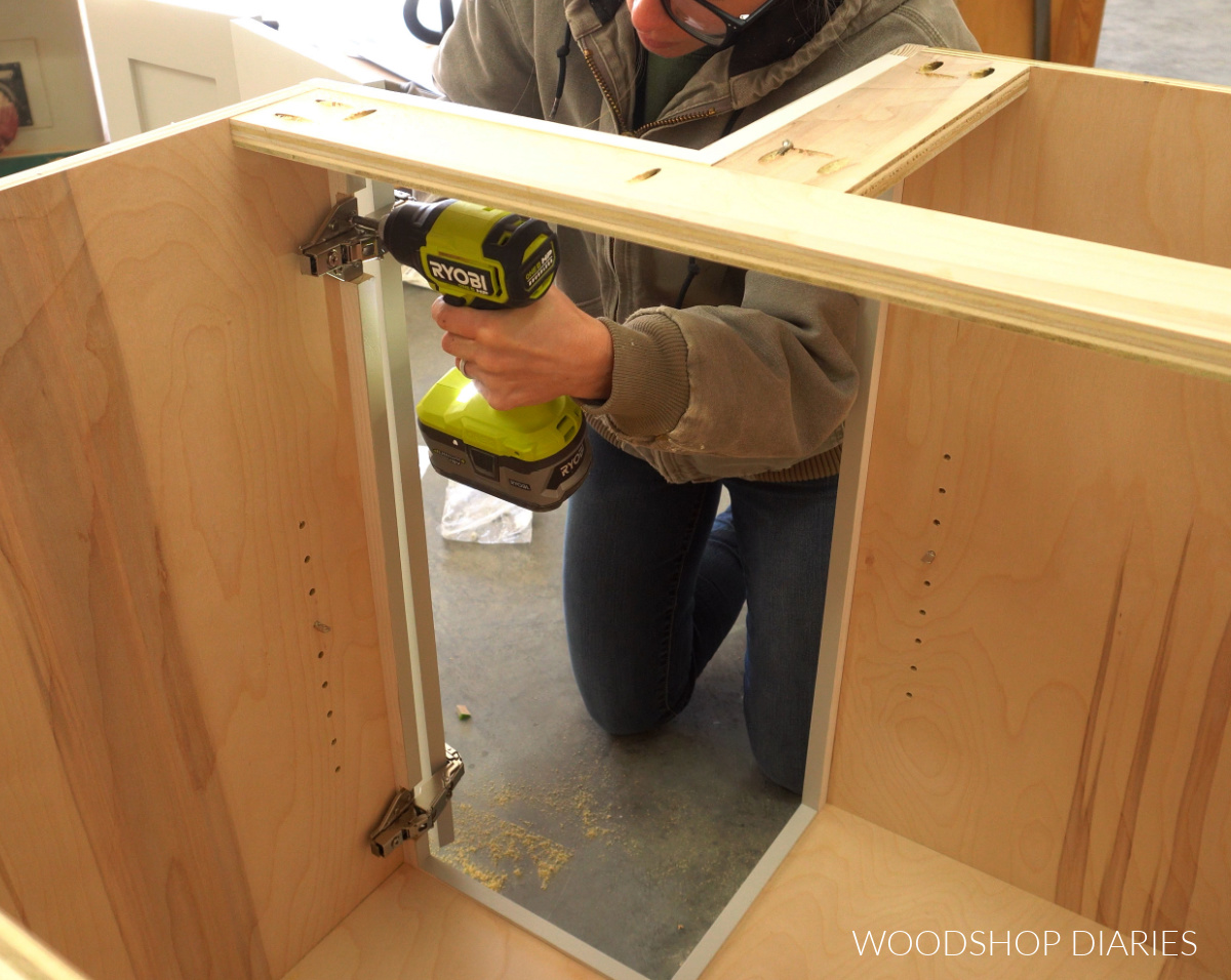 Shara Woodshop Diaries installing bi-fold cabinet door to face frame with hinges