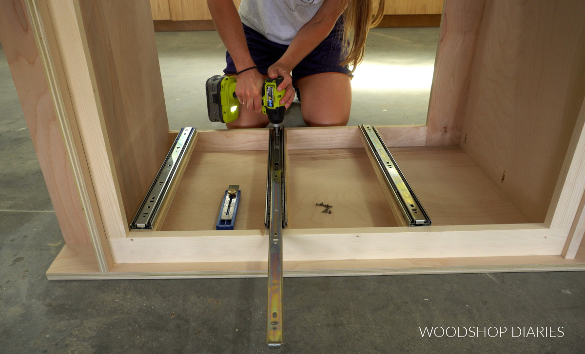Shara Woodshop Diaries installing drawer slides onto drawer bracing in pantry