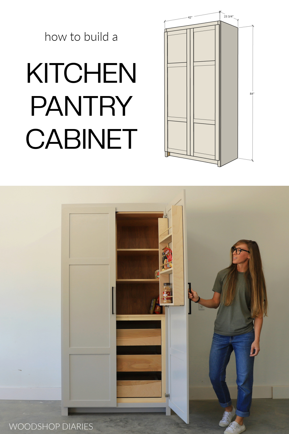 Pinterest collage image showing diagram of overall dimensions at top and completed DIY kitchen pantry cabinet at bottom with text