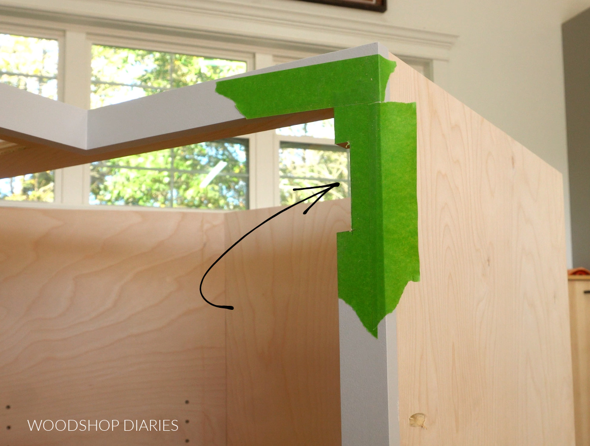 DIY corner base cabinet face frame notched out to install hinge