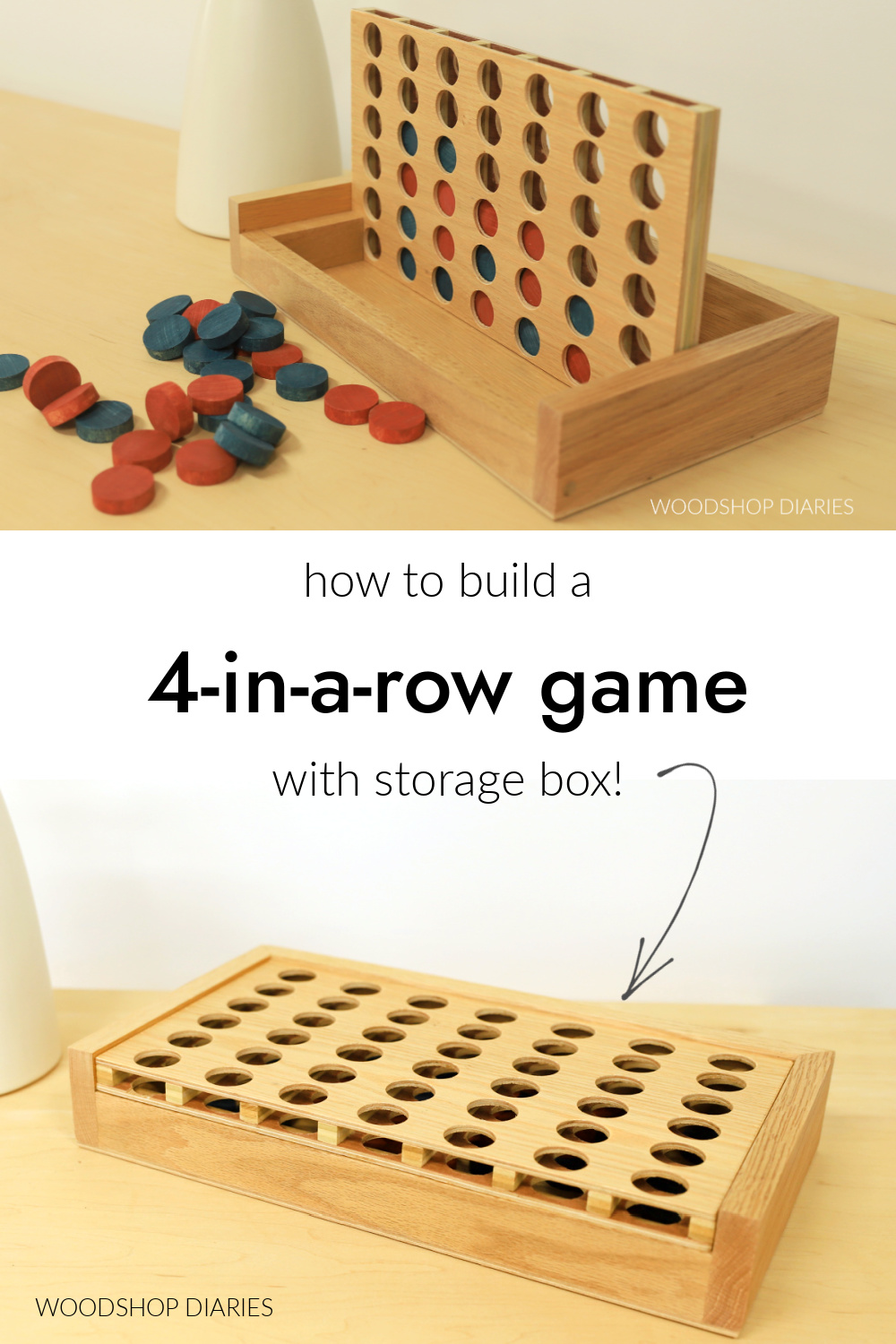 Pinterest collage image showing 4 in a row game board in play at top and put away in storage box at bottom with text "how to build a 4 in a row game with storage box"