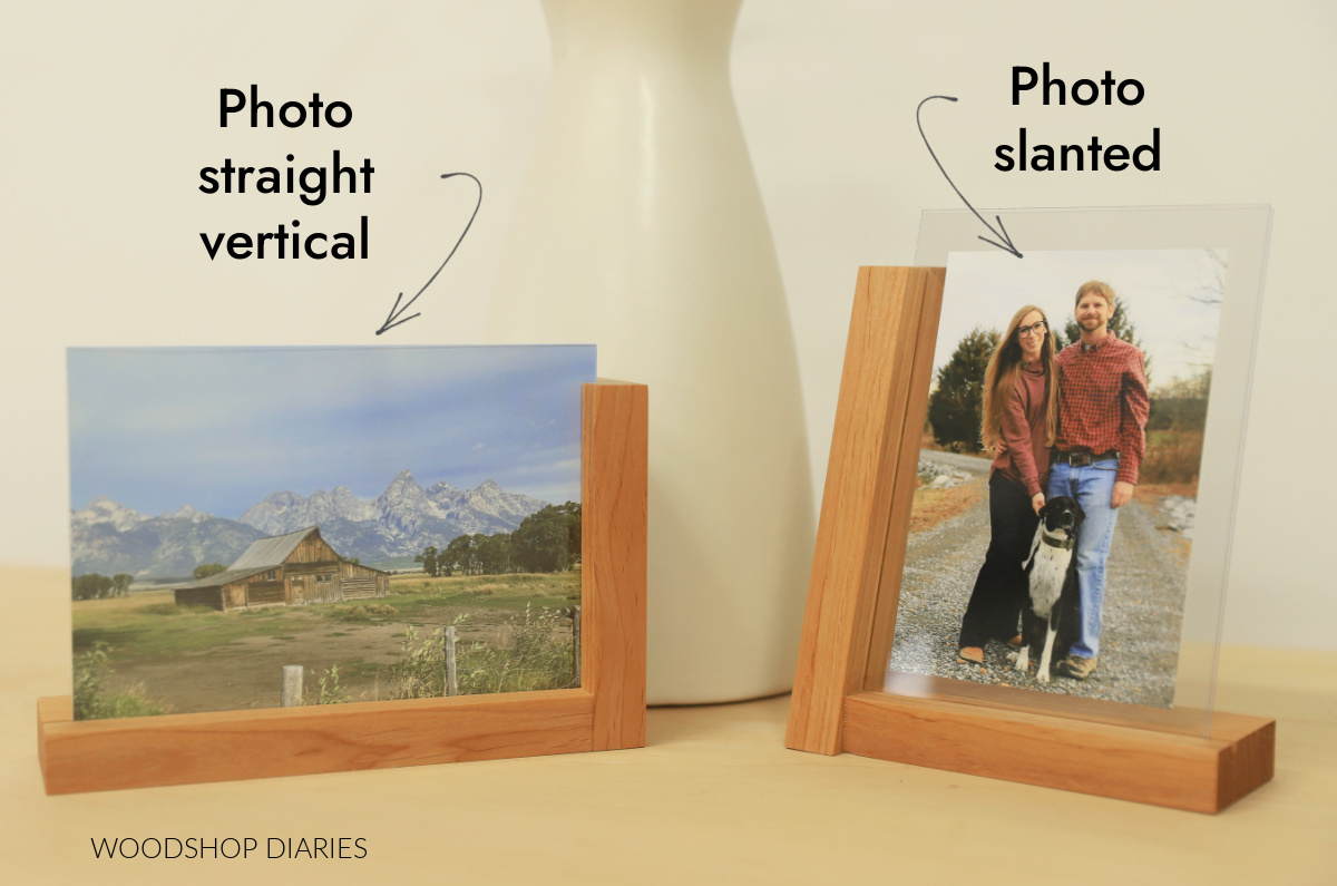 Two sided photo frames side by side showing one as straight vertical and one as slanted