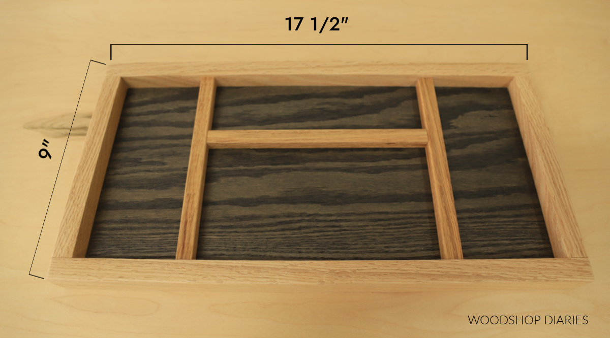 Empty wooden catch all tray with dimensions noted on length and width