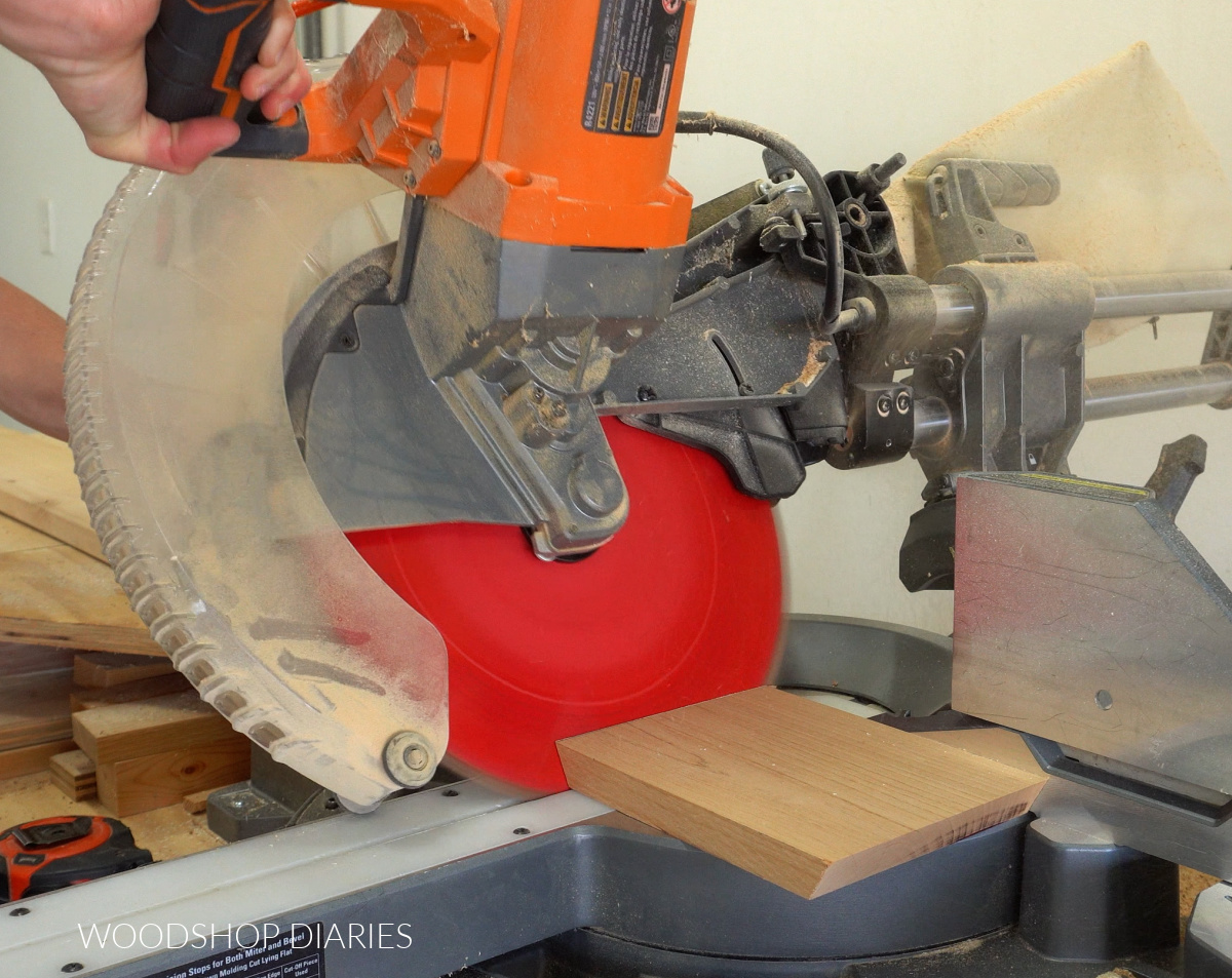 Cutting 1x6 board on miter saw with blade beveled 30 degrees