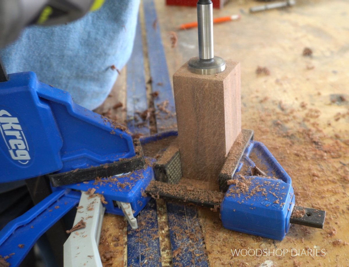 Close up of drilling 1 ¼" diameter hole  in bottom of pepper shaker
