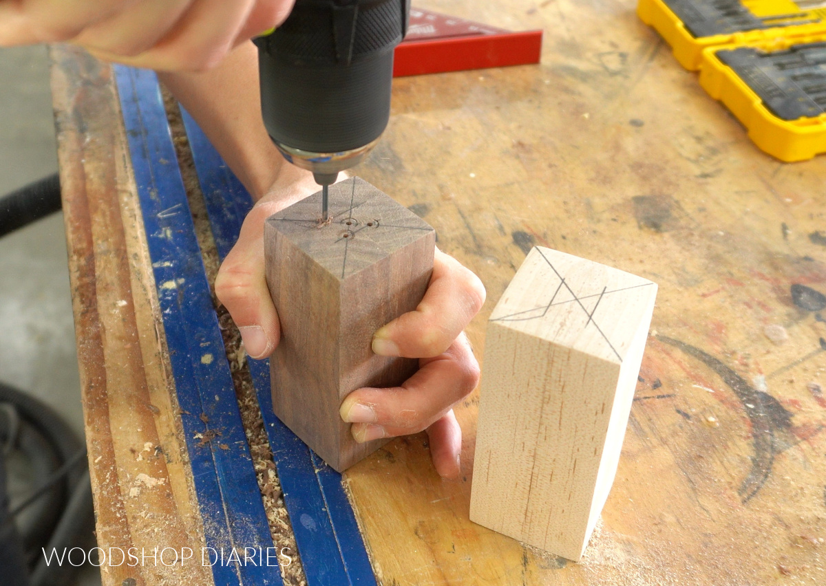Drilling shaker holes in top of wood blocks for the salt and pepper
