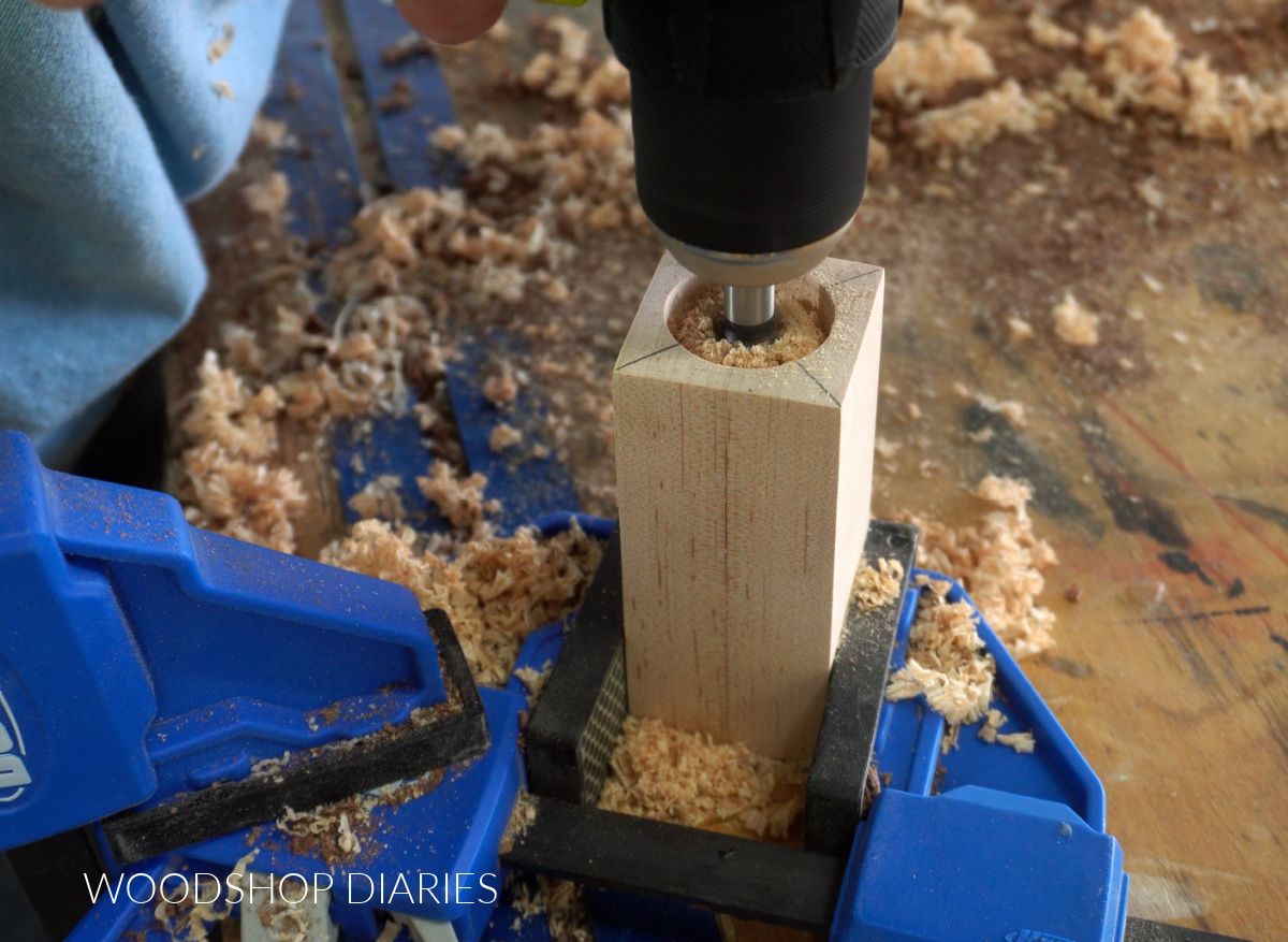 drilling out cavity to store salt and pepper into wooden shakers with forstner bit