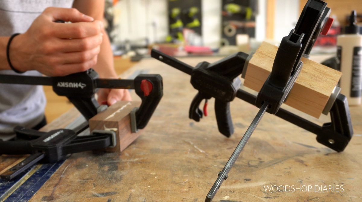Shara Woodshop Diaries clamping 1x2s together to make salt and pepper shaker blocks