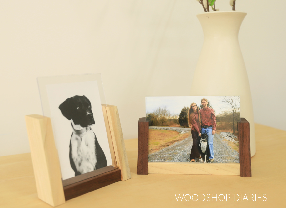 Maple and walnut DIY Desktop photo frames sitting on table top
