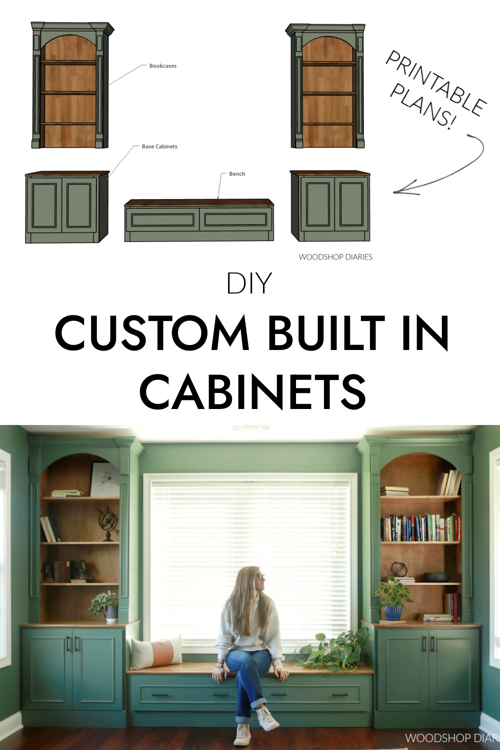 Pinterest collage image showing exploded view of built in cabinet diagram at top and completed DIY built in cabinets at bottom with text "DIY custom built in cabinets"