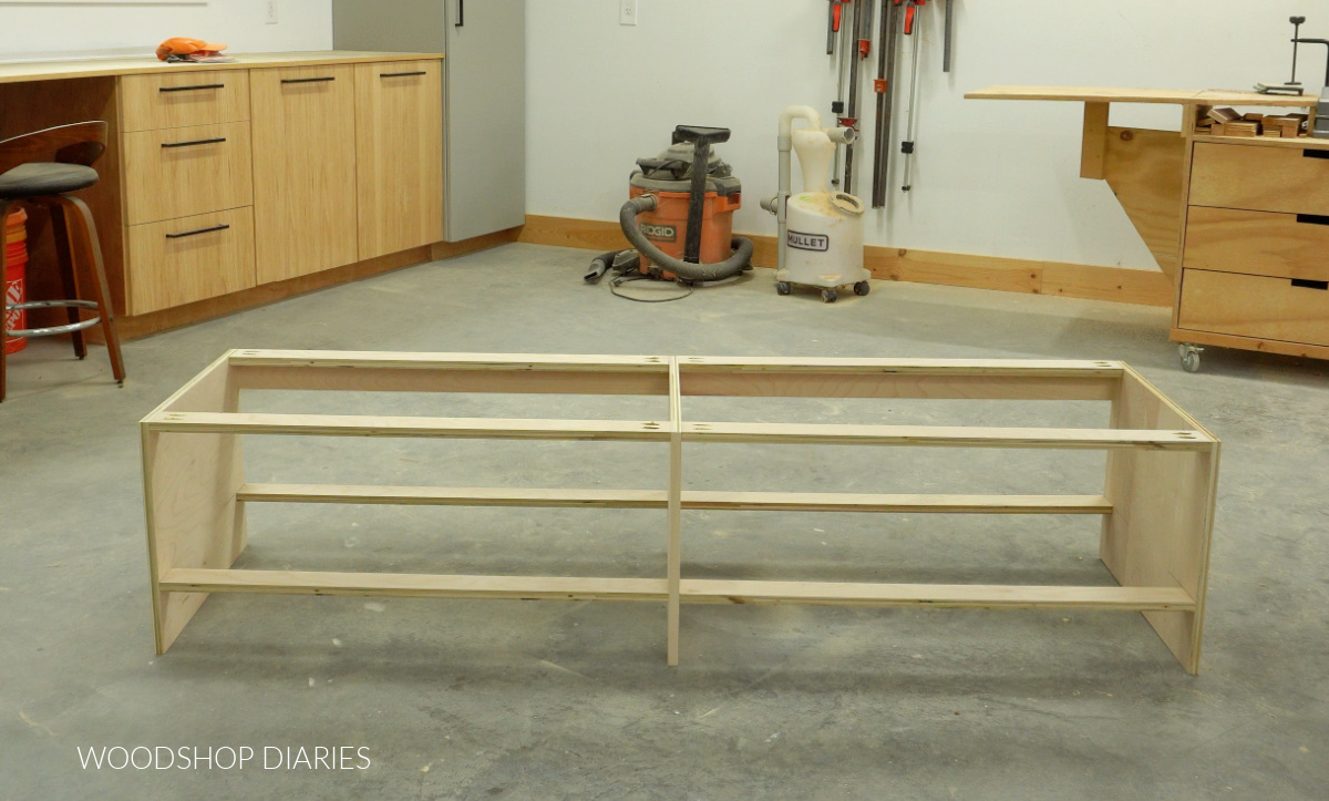 Build in bench seat frame assembled from plywood in workshop