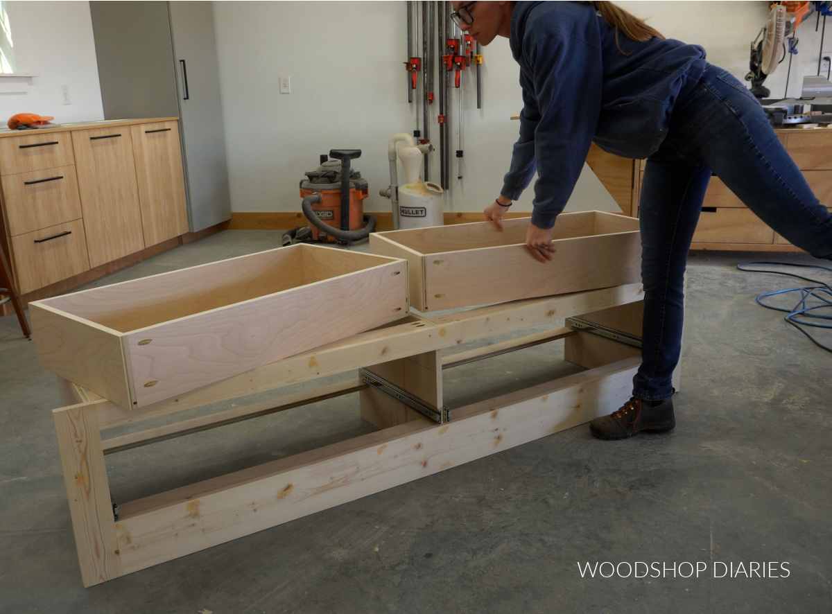 Shara Woodshop Diaries placing drawer boxes on top of storage bench