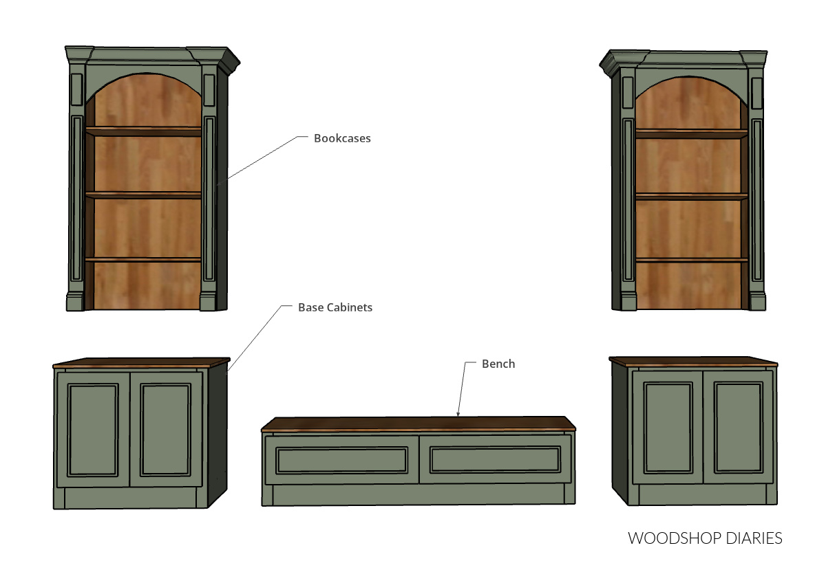 exploded diagram of built ins showing base cabinets, bookcases, and bench seat separately